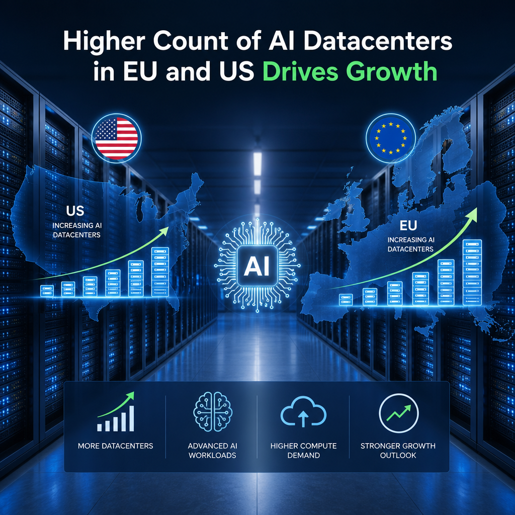 Map showing higher concentration of AI datacenters in the US and EU regions driving growth.
