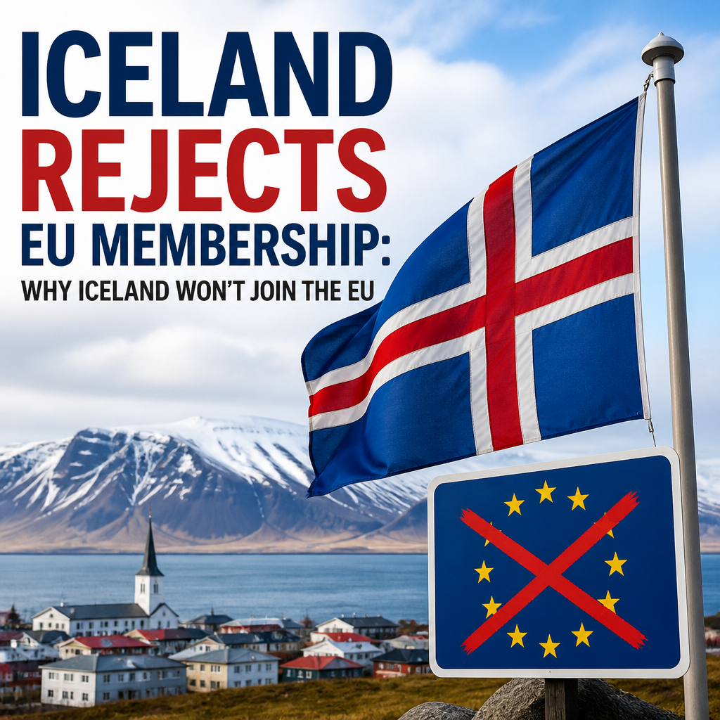 Icelandic landscape with EU flag crossed out, symbolizing Iceland rejecting EU membership.