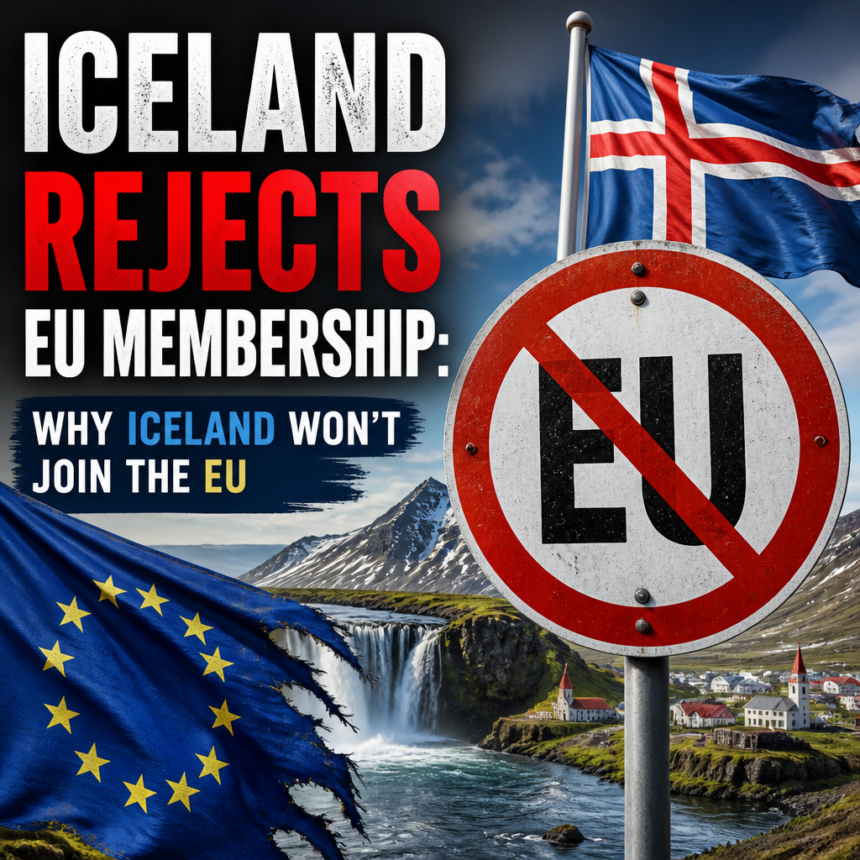 Icelandic flags and a no EU sign in front of a waterfall symbolize Iceland rejecting EU membership.