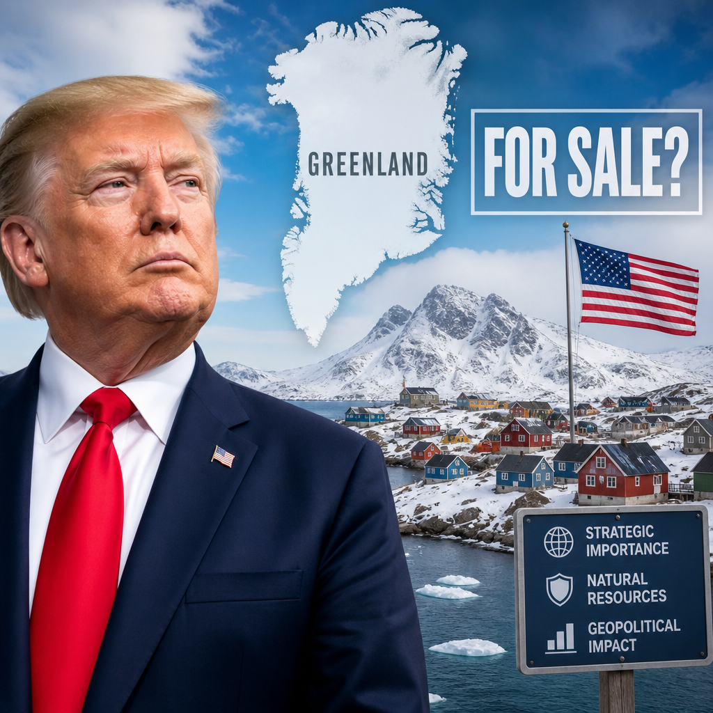 Donald Trump pointing at a map of Greenland with a "Is Greenland for Sale?" sign highlighting its importance.