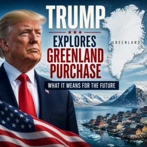Donald Trump pointing at a map of Greenland, symbolizing discussion of the Greenland purchase and its future impact.