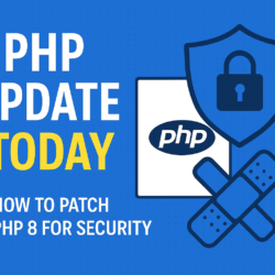Screenshot of a PHP update tutorial showing steps to patch PHP 8 for security today.