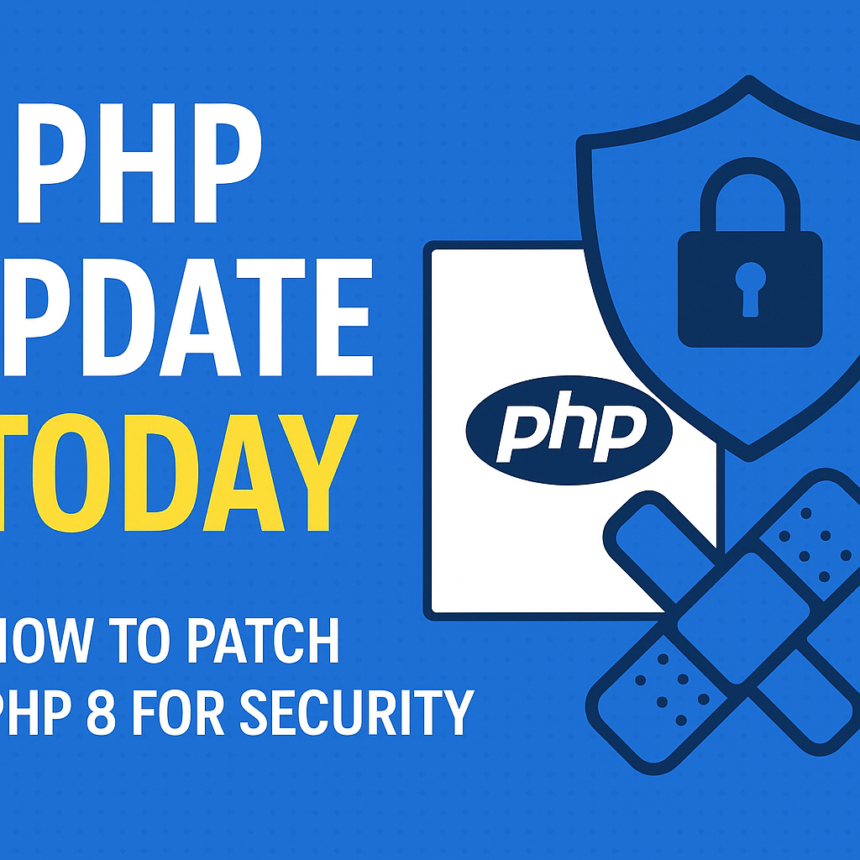 Screenshot of a PHP update tutorial showing steps to patch PHP 8 for security today.