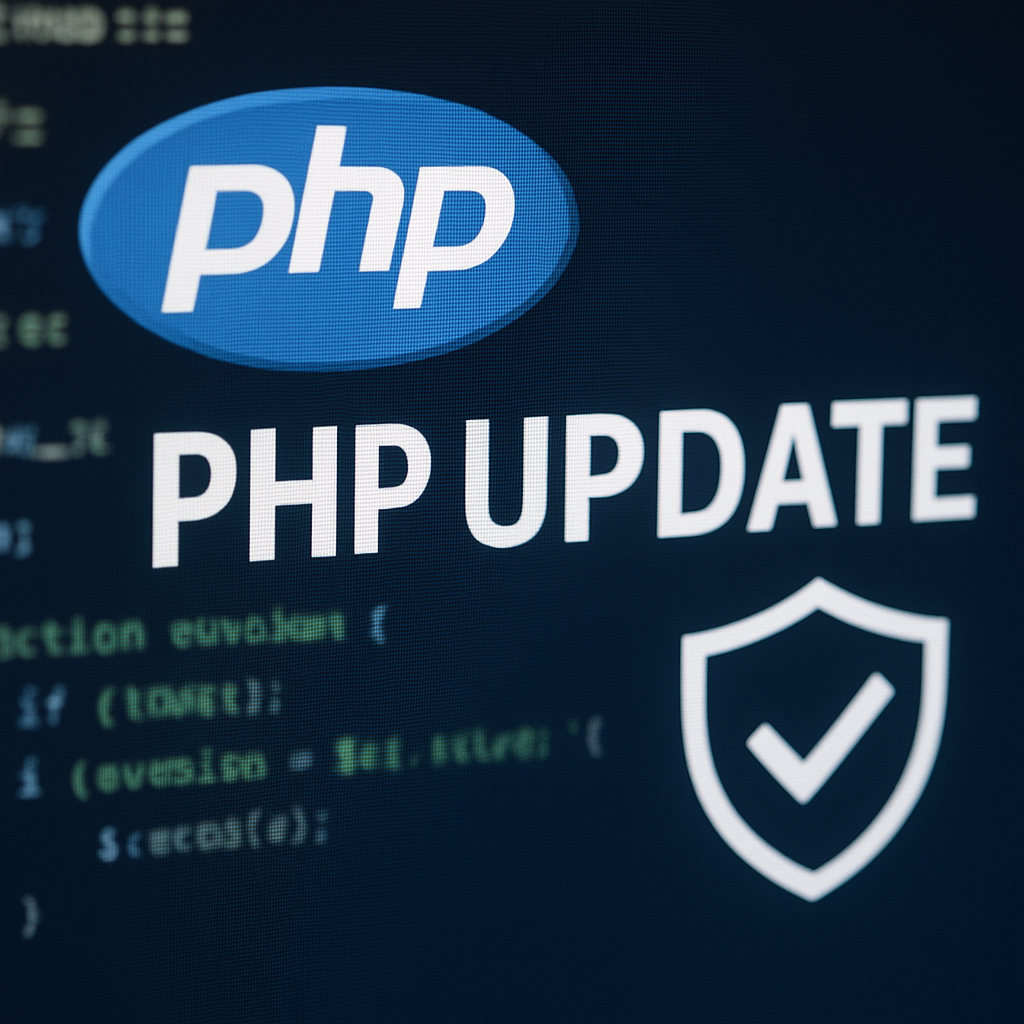 Code screen with PHP update text and a security shield icon representing patching PHP 8 today.