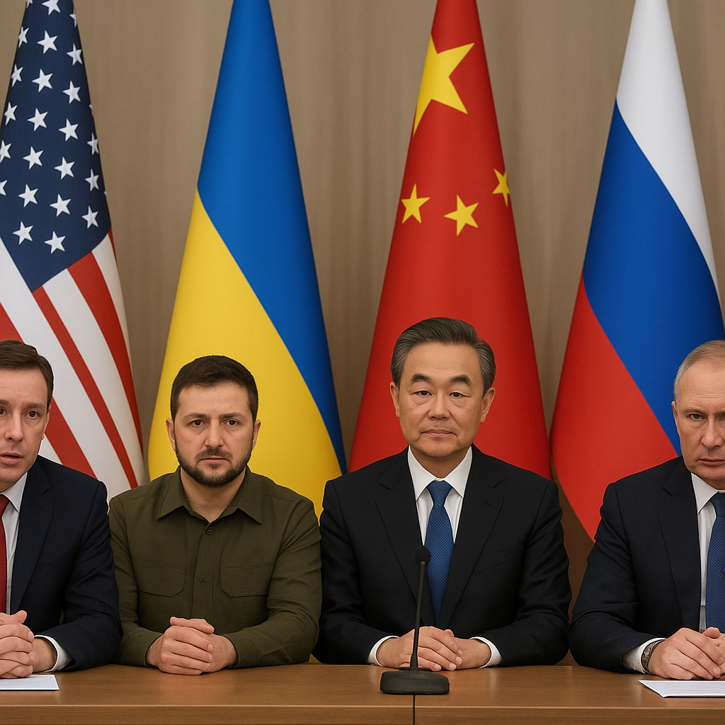 Leaders from USA, Ukraine, China, and Russia seated together with their national flags during talks.