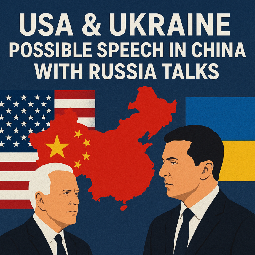 Illustration of USA, Ukraine, and China flags with leaders discussing possible speech amid Russia talks.